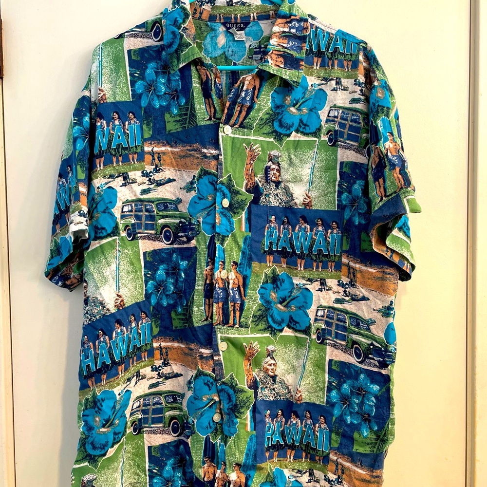 Vintage Guess USA Hawaiian Tribal Camp Shirt Size Lg American Tradition Blue